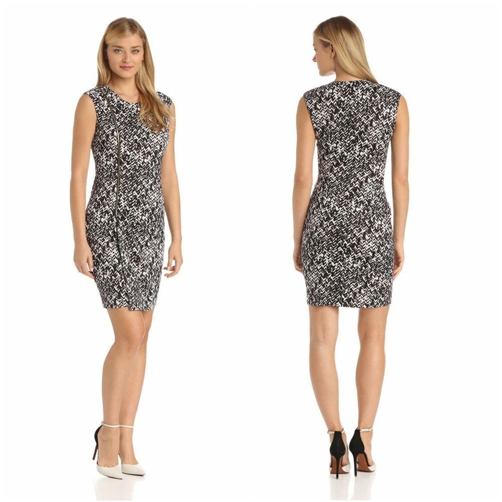 New! CALVIN KLEIN Women's Herringbone Print Zipper-detail Sheath Dress Size 8